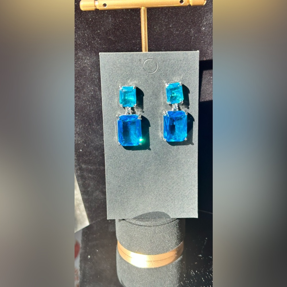#458 - Blue Rectangular Rhinestone Post Dangle Earrings - Picture 6 of 7